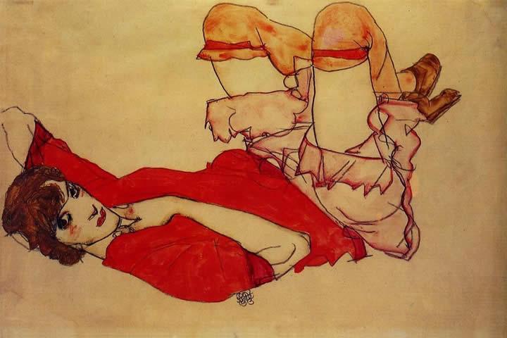 Egon Schiele Wally in Red Blouse with Raised Knee